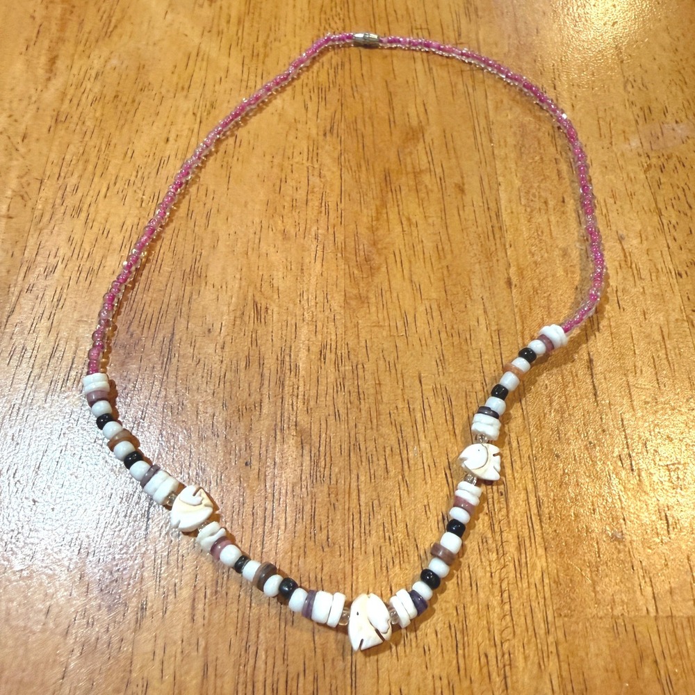 Handmade Beaded Fish Charm Necklace Pink White Multi Color Barrel Clasp Nautical